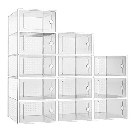 Hourleey 12 Pack Shoe Storage Box, Clear Plastic Stackable Shoe Organizer for Closet, Space Saving Foldable Shoe Rack Sneaker Containers Holders