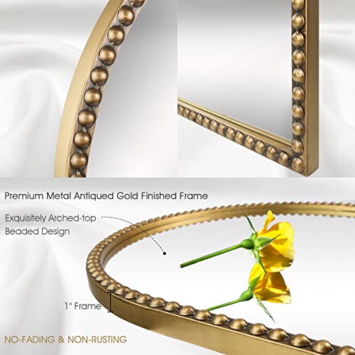 Fobule Arched Wall Mirror for Bathroom, 20"x30" Metal Beaded Frame Decorative Accent Mirror, Large Modern Distressed Hanging Wall Decor for Washr