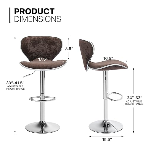 MoNiBloom Brown Velvet Bar Stools Set of 2 Counter Height Barstools with Back Swivel Bar Chairs with Metal Base Modern Adjustable Kitchen Island