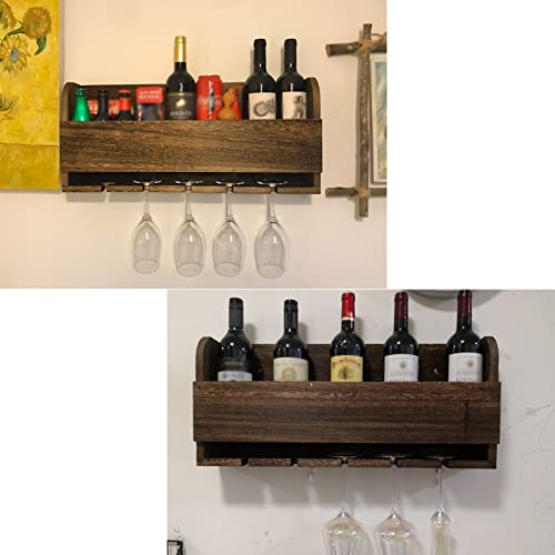 Qunine Wine Rack Wall Mounted Wine Holder Wood, Wine Storage Rack Wine Bottle Holder with Glass Holder Hanging Stemware Racks Bar Wall Wine Decor
