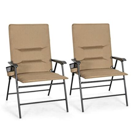 LUKEO 2 Piece Patio Upholstered Folding Portable Chair Camping Dining Outdoor Brown