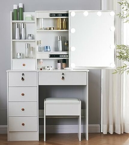 Tojump Makeup Vanity Table Set with DIY Lighted Mirror, Vanity Table with Vanity Cushioned Stool & 5 Drawers for Bedroom, Dressing Room, White (M