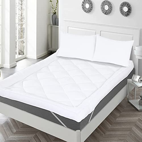 SIGMA HOME Mattress Topper Double Bed FLAME RETARDANT 10cm 4 inch Thick White Hotel Quality Super Soft Peach Finish Microfiber Fluffy Comfy Breat