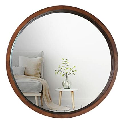 Mirrorize 76cm Round Bathroom Mirror, Circle Framed Vanity Mirror, Wall Mirror for Living Room Hallway Bedroom, Large Make Up Mirror, Walnut Brow
