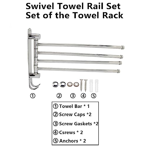 Swivel Towel Rail Wall Mounted, Stainless Steel Towel Rack Holder with 4 Swivel Bars, Swing Towel Holder for Kitchen, Bathroom, Toilet, Rotatable