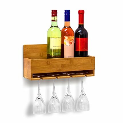 Relaxdays Wine Shelf With Glass Holder: 17 x 37 x 11.5 cm Bottle Stand Bamboo With Space For 4 Bottles & 4 Glasses Wall-Mounted Hanging Wooden Sh