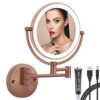 RECKODOR Led Vanity Mirror Wall Mounted Gold 8" Brass Rechargeable Lighted, 1X/5X Magnifying Double Sided Make up Mirror with Light, 360 Swivel E