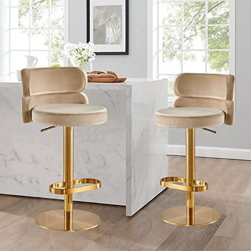 ADEADE Velvet Swivel Adjustable Heigh Bar Stools Set of 2 Kitchen Island Heigh Bar Chairs with Backs Counter Height Bar Stools Gold Legs Round Up