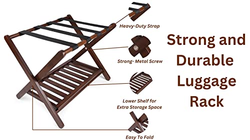 Penguin Home Luggage Rack - Crafted in Quality Mango Wood with Burnt Wood Finish - Foldable with easy Assembly - 2 Tiered Suitcase Rack - Size L6