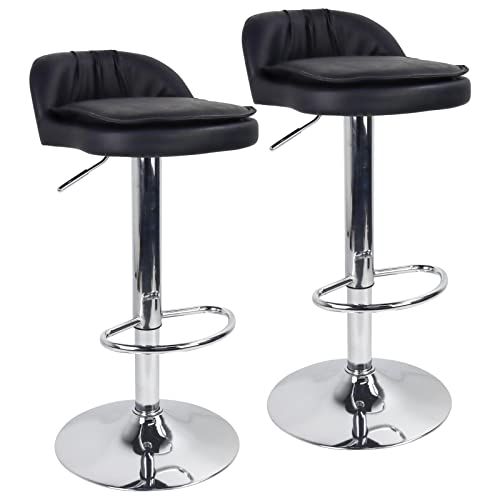 WKWKERK Bar Stools Set Of 2 PU Leather Swivel Height Adjustable Bar Chairs With Low Back For Counter Shop Kitchen Home Barstools With Footrest(Bl