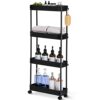 KINGRACK Slim Storage Trolley, Narrow Rolling Cart 4 Tier on Wheels, 13cm Wide Slide out Rolling Utility Cart with Hooks for Kitchen or Living Ro