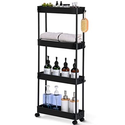 KINGRACK Slim Storage Trolley, Narrow Rolling Cart 4 Tier on Wheels, 13cm Wide Slide out Rolling Utility Cart with Hooks for Kitchen or Living Ro