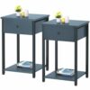 Ecoprsio Nightstand Set of 2 Modern End Table Side Table with Drawer and Storage Shelf Wood Night Stand Dark Blue Bedside Table for Bedroom, Livi