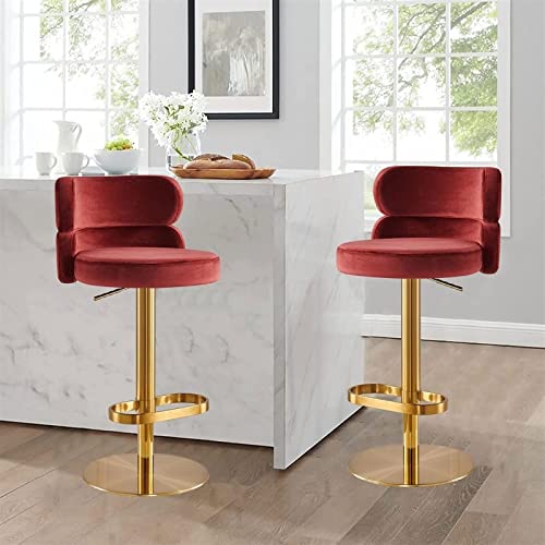 Claret Velvet Swivel Round Upholstered Barstools Bar Chair Set of 2 Adjustable Heigh Stainless Steel Titanium Gold Curved Back Strap Golden Footr