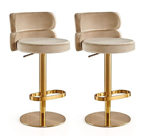 ADEADE Khaki Velvet Swivel Adjustable Barstool Set of 2 Kitchen Island Height Bar Chairs with Back Pub Counter Height Bar Stools with Footrest fo