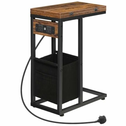 HOOBRO C Shaped Side Table, Sofa Side Table with Charging Station, Foldable Laptop Table for Sofa, 2 USB Ports and 2 AC Outlets, Bedside Table wi