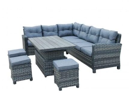 Homeflair Rattan Weave L-Shape 5 Seater Dining Corner Sofa Set 3 stools Long Lasting Dual Density Foam For Garden Grey