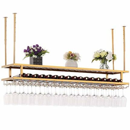 PIBM Double Layer Wine Rack Bar Fashion Creative Wine Glass Rack Suspension Ceiling Wine Rack Restaurant Wine Bottle Rack J1019, Gold , L60×W30cm