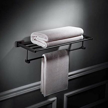 RSOCHS Bathroom Bath Towel Rack with Double Towel Bar Wall Mount Shelf Rustproof Stainless Steel Brushed Finish black