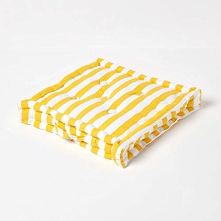 HOMESCAPES - Thick Stripe Yellow - 100% Cotton - Large Floor Cushion - Bright Cheerful Sunshine - 50 x 50 x 10 cm Square - Indoor - Garden - Dini