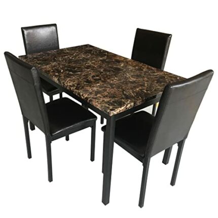 DINGZZ Furniture 5 Piece Metal Dining Set Includes 1 Faux Marble Top Dining Table + 4 Black Dining Chair Seats