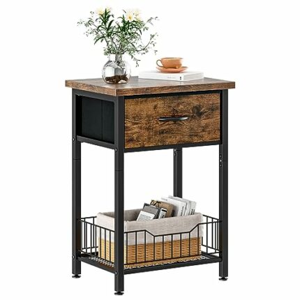 Forthcan Side Table, Slim End Table Sofa Table Bedside Table for Living Room Bedroom, Nightstand Cabinet with Storage Shelf and Drawer for Narrow