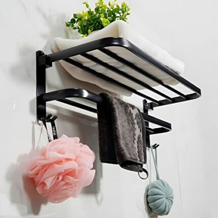 yozhch Black Towel Rail Self Adhesive Towel Rack Wall Mounted Towel Storage Holder Bathroom Double Towel Rail Towel Holder with 90° Foldable Shel