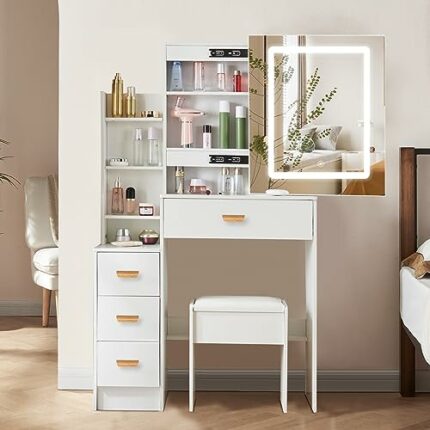 Saihemei Makeup Vanity Set with LED Light and Cushioned Stool, 4 Drawers and 7 Shelves Dressing Table with 3 Color Lightings, Sliding Mirror Vani