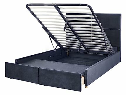 Velvet Bed Frame EU Double Size with Storage 4ft6 Black Slatted Base Vernoyes