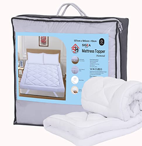 SIGMA HOME Mattress Topper Double Bed FLAME RETARDANT 10cm 4 inch Thick White Hotel Quality Super Soft Peach Finish Microfiber Fluffy Comfy Breat