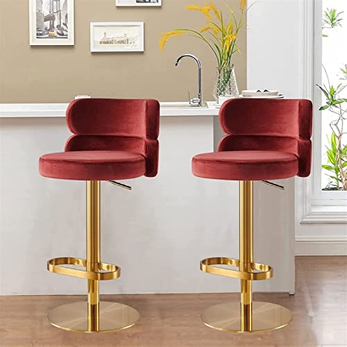 Claret Velvet Swivel Round Upholstered Barstools Bar Chair Set of 2 Adjustable Heigh Stainless Steel Titanium Gold Curved Back Strap Golden Footr