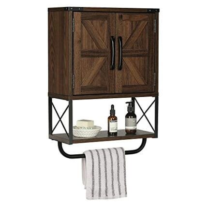 RUSTOWN Farmhouse Rustic Medicine Cabinet with Two Barn Door,Wood Wall Mounted 3-Tier Storage Cabinet with Adjustable Shelf and Towel Bar for Bat