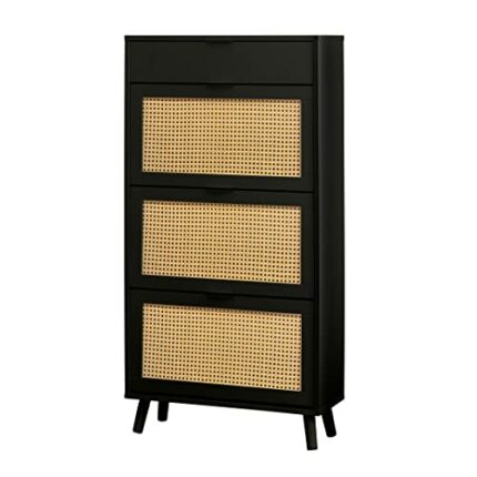 House and Homestyle Black & Rattan Style Shoe Hallway Storage Cabinet, H119cm x W63cm x D24cm