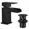 Funime Basin Taps Mixers with Pop-up Waste Slotted Waterfall Bathroom Sink Mixer Tap Square Modern Cloakroom Faucet Monobloc G1/2 Hoses Single Ho