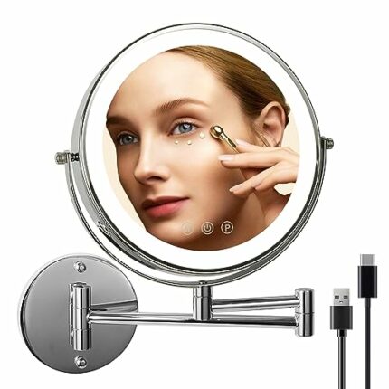 SLIMOON 9" Wall Mounted Lighted Makeup Mirror with Magnification, 1X/10X Magnifying Mirror with Light, 3 Color LED Dimmable 2000mAh Rechargeable