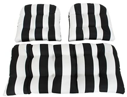 RULU Set of 3 1 Settee (44"x19"x5") & 2 Pieces of Wicker Seats (19"x19"x4") Cabana Stripe Black Outdoor/Indoor Cushions Set