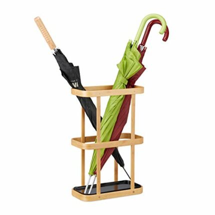 Relaxdays Bamboo Umbrella Stand, Wooden Cane Holder with Metal Drip Tray, HxWxD: 45 x 29.5 x 15 cm, Natural