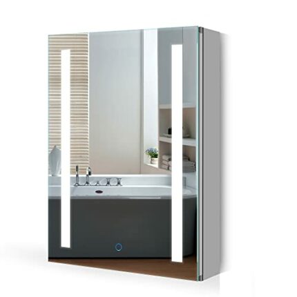 Quavikey® Bathroom Mirror Cabinet with Lights and Shaver Socket Grey LED Medicine Cabinet Wall Mounted with Shelf Demister Strip Lights 500 x 700