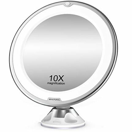 BEAUTURAL Makeup Mirror, 10X Magnifying Lighted Vanity Daylight White LED, Portable Illuminated Bathroom Mirror, 360 Degree Swivel Rotation and L