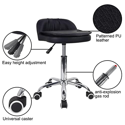 WKWKER PU Leather Rectangle Rolling Stool With Low Back Height Adjustable Swivel Drafting Work SPA Task Chair With Wheels (Black)