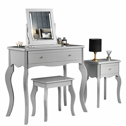 CARME Sorrento - Grey Dressing Table and Side Table With Drawer Rose Gold Handles Stool Mirror with LED Lights - Four Piece Set Bedroom Makeup Fu