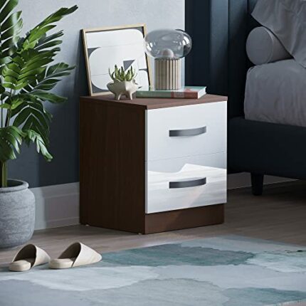 Movian Amazon Brand High Gloss Bedside Cabinet White and Walnut, 2 Drawer With Metal Handles and Runners, Unique Anti-Bowing Drawer Support, Bedr