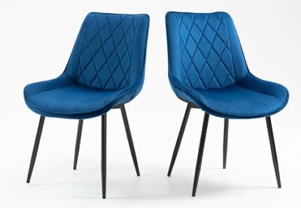 Hallowood Furniture Dining Chairs Set of 2 – Blue Linen Fabric Dining Chair with Sturdy Metal Legs for Dining Room – Kitchen Chairs with Padded S