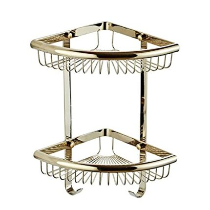 Bathroom Shelf Bathroom Shelves, Double-Layer Bathroom Corner Rack With Hooks Metal Copper Fan-Shaped Wide-Sided Copper Mesh Basket (Color : Gold