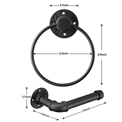 Industrial Black Toilet Paper Holder and Towel Ring, Bathroom Hardware Set, Wall Mounted Hardware Accessories, Includes Pipe Towel Rack Towel Rin