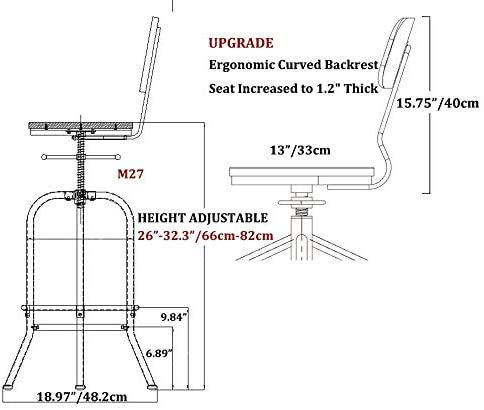 BOKKOLIK Set of 2-Industrial Bar Stools with Backrest-Swivel Wood Seat-Bar Counter Height Adjustable 26-32.2inch-Kitchen Island Dining Chair