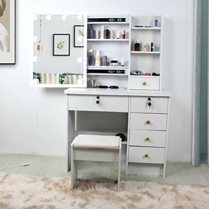 saicheng Vanity Desk with Mirror and Lights-3 Color and Brightness Adjustable, Vanity Set with Drawers and Chair, White Makeup Vanity Table for G