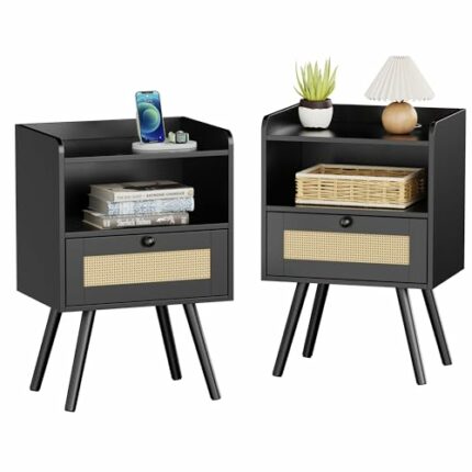 SUPERJARE Nightstands Set of 2, Bedside Tables with PE Rattan Drawers, Rattan Side Table with Storage & Solid Wood Feet, End Table for Bedroom, B