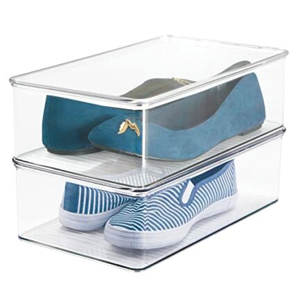 mDesign Shoe Organiser – Set of 2 – Plastic Shoe Storage Box With Lid – Footwear Organiser for Boots, Sneakers, Sandals – Clear