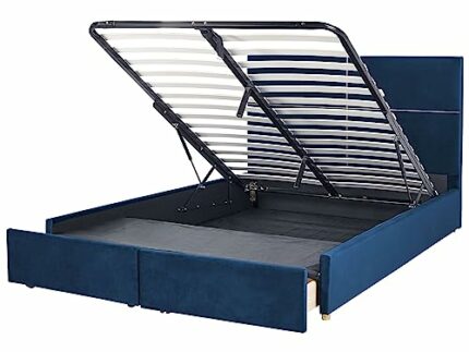 Velvet Bed Frame EU King Size with Storage 6ft Navy Blue Slatted Base Vernoyes